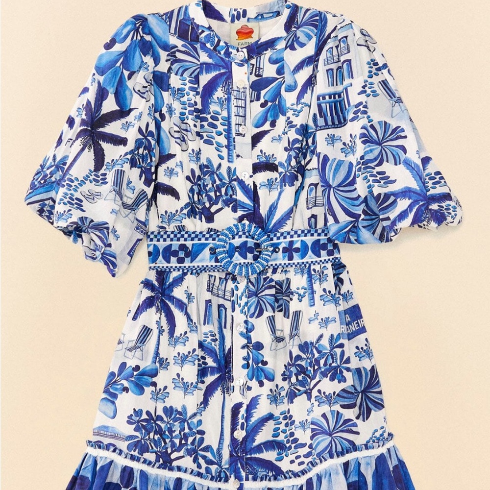 Brand New Farm Rio Blue and White Patterned Dress